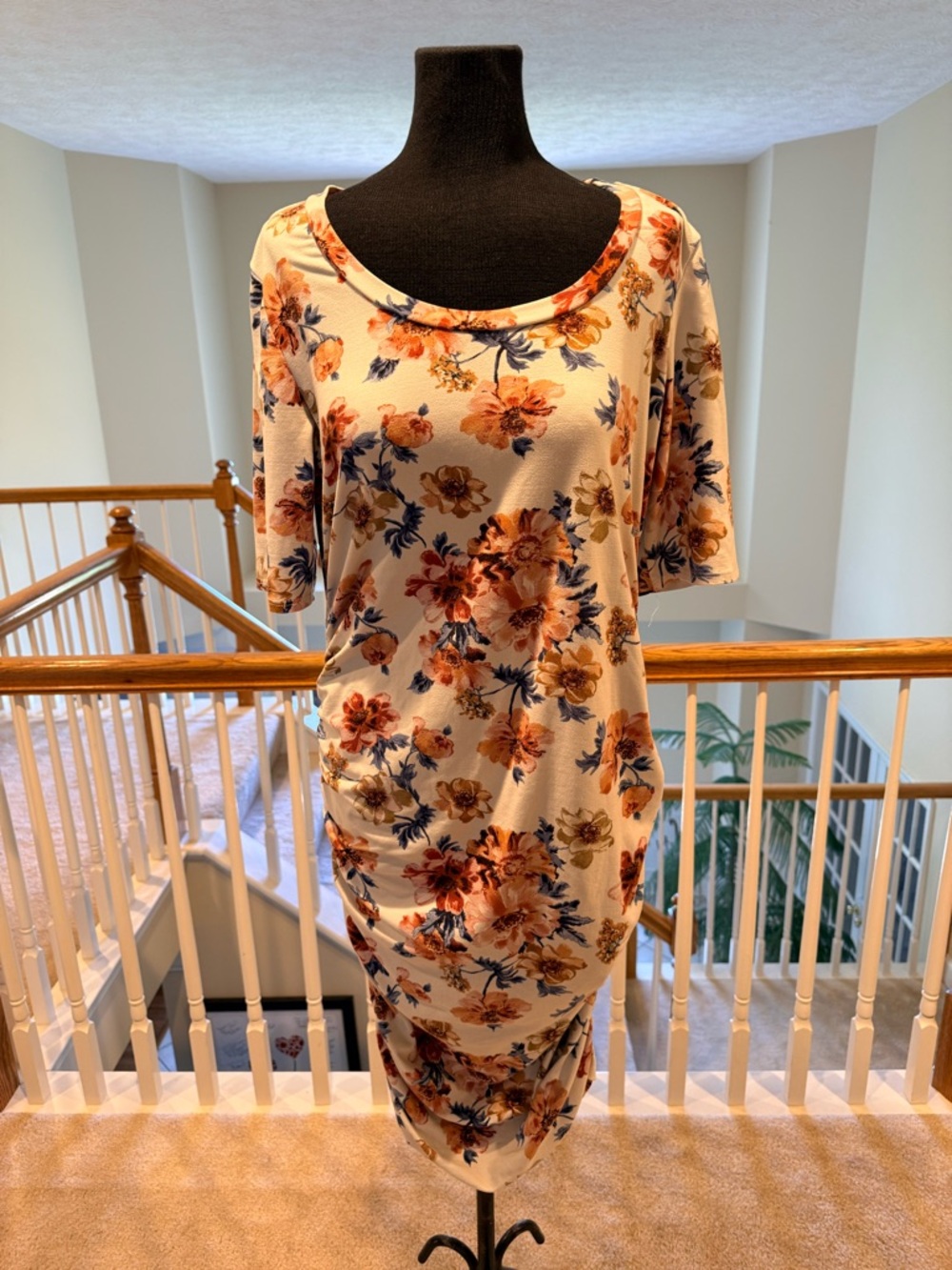 MATERNITY Women's Floral Scoop Neck Midi Dress in Cream with Rust and Navy